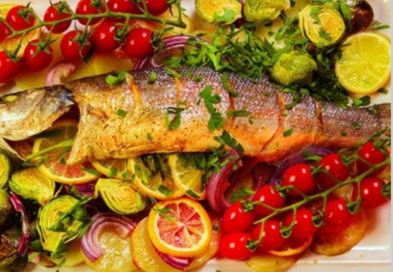 Branzino al forno con misto di verdure