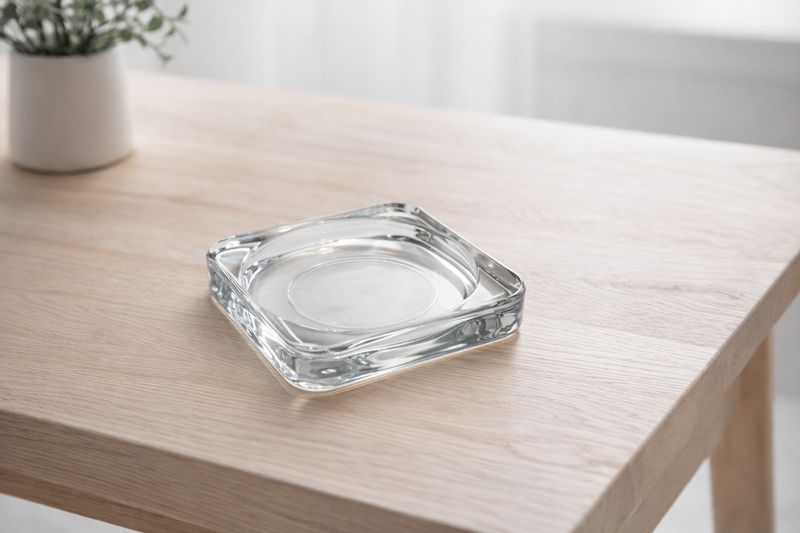 Ruutjas läbipaistev klaasist küünlaalus mõõtudega 9,5 x 9,5 cm