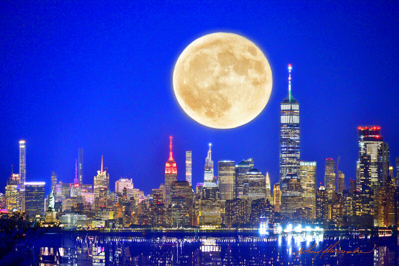 Super Moonrise over New York Harbor #1-24 Super Moonrise over New York Harbor #1-24"x16" inch High Quality Metal Wall Art, an Anthony Abercrombie Original Digital Painting For A Limited Time $400