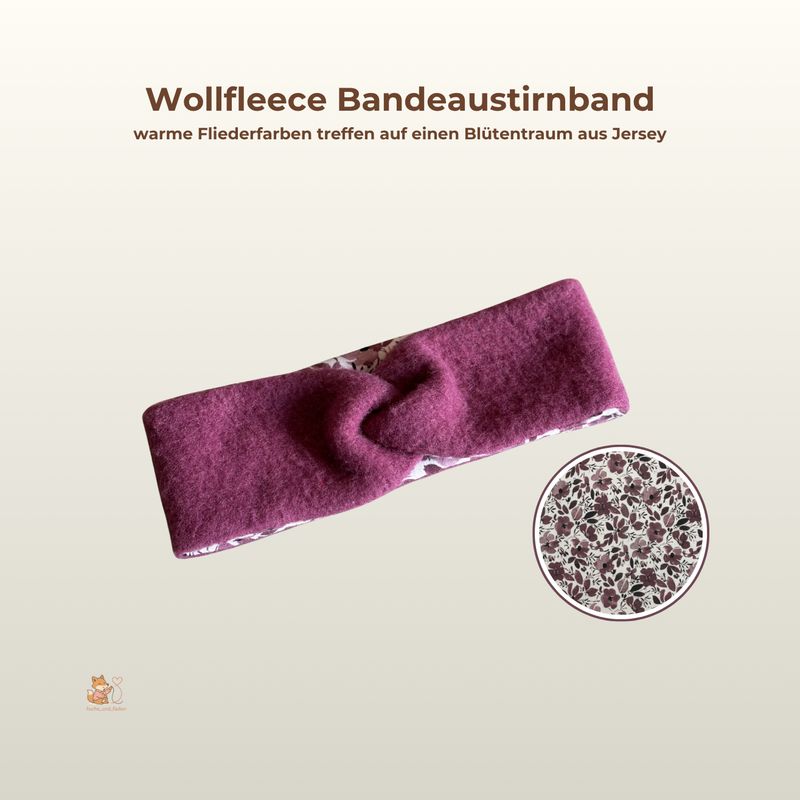 Wollfleece Bandeaustirnband (100% Wolle) mit Blütentraum Jersey