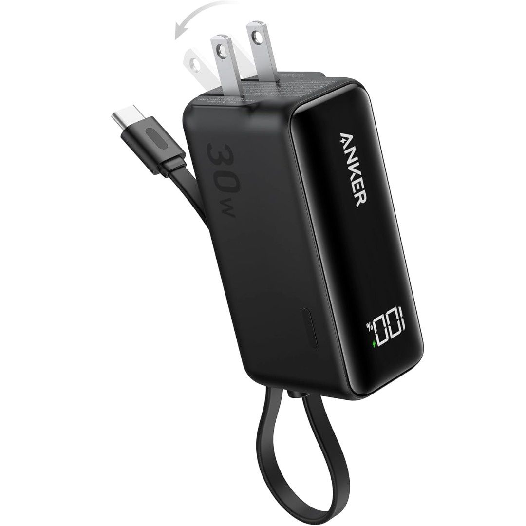 ANKER Power Bank USB C Charger Block, 3-in-1 5,000mAh Portable Charger with Built-in USB-C Cable