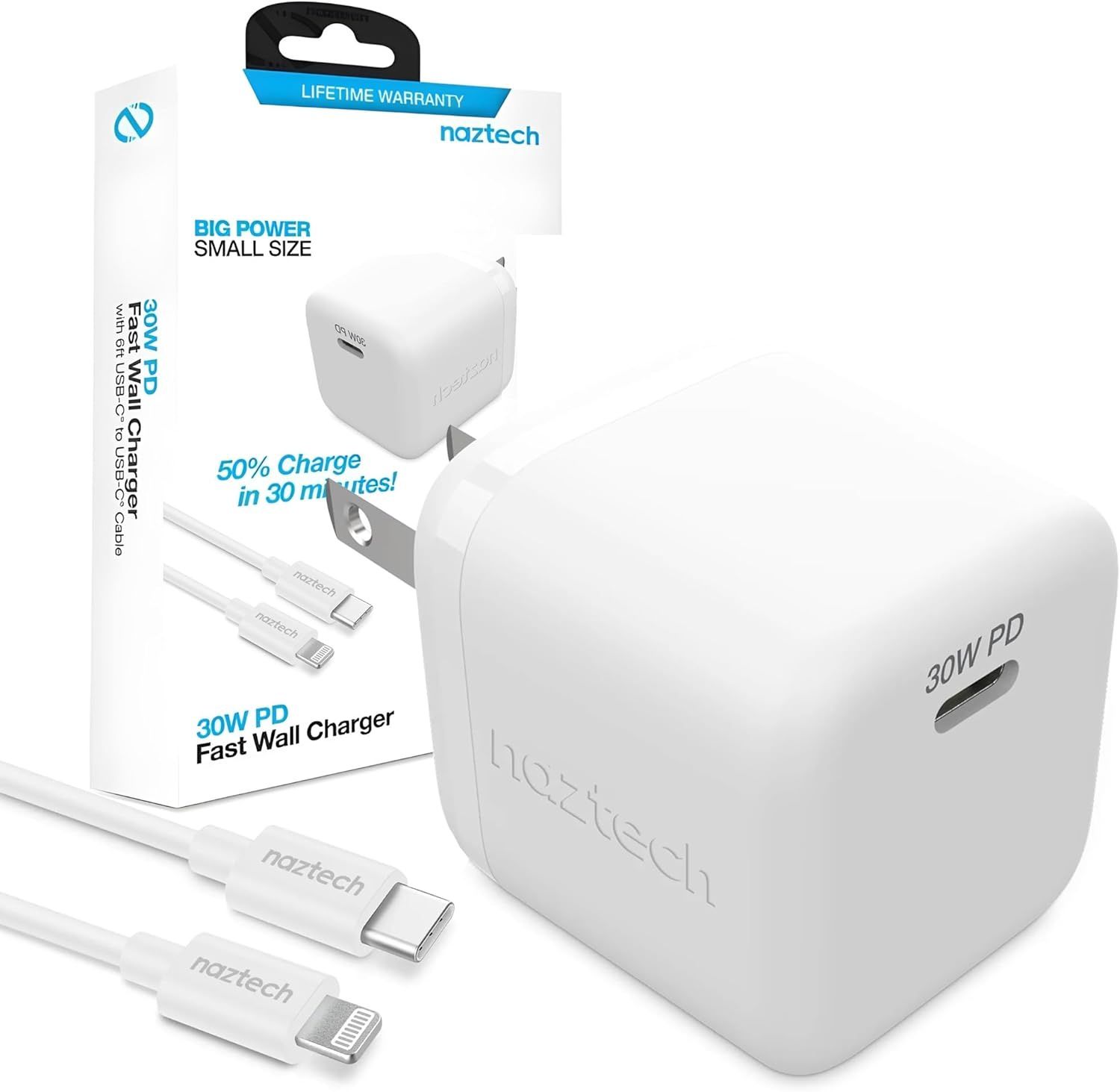 NAZTECH 30W PD Fast Wall Charger 6ft USB-C to Lightning Cable