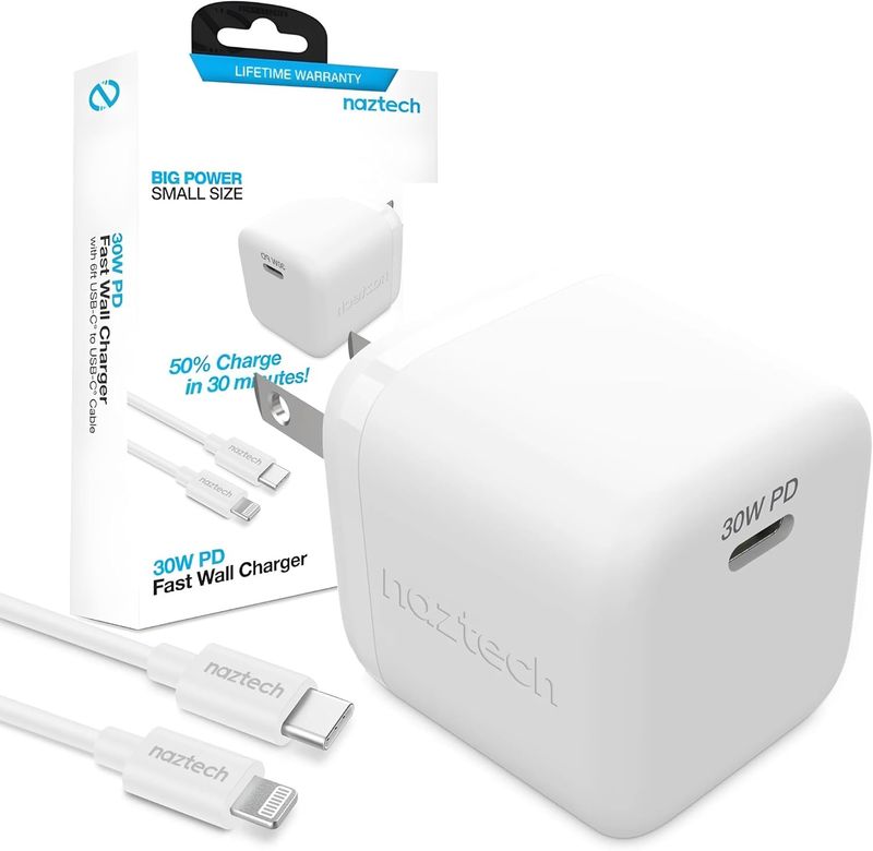 NAZTECH 30W PD Fast Wall Charger 6ft USB-C to Lightning Cable