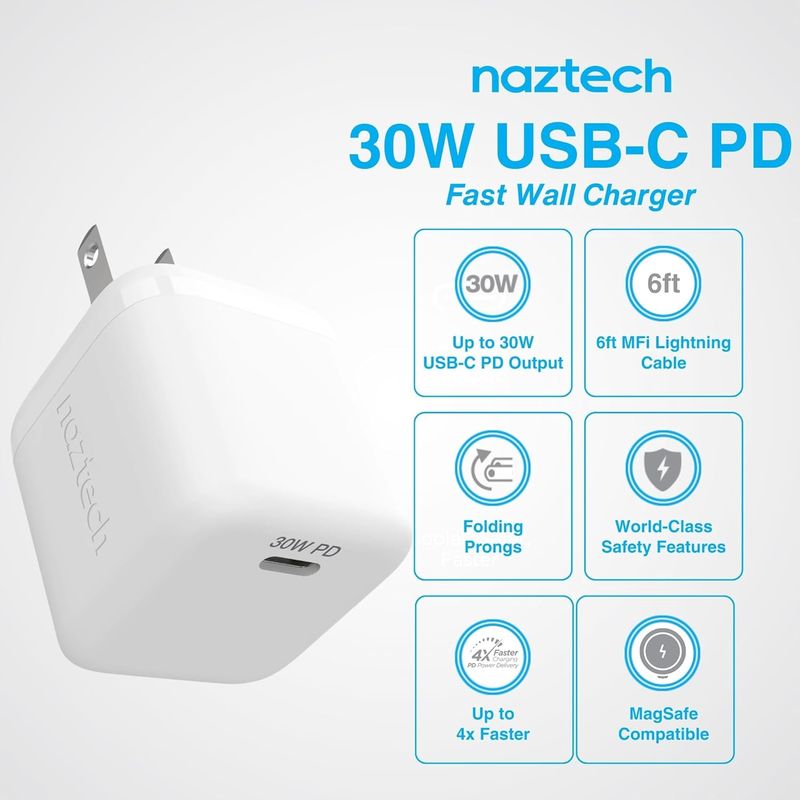 NAZTECH 30W PD Fast Wall Charger 6ft USB-C to Lightning Cable