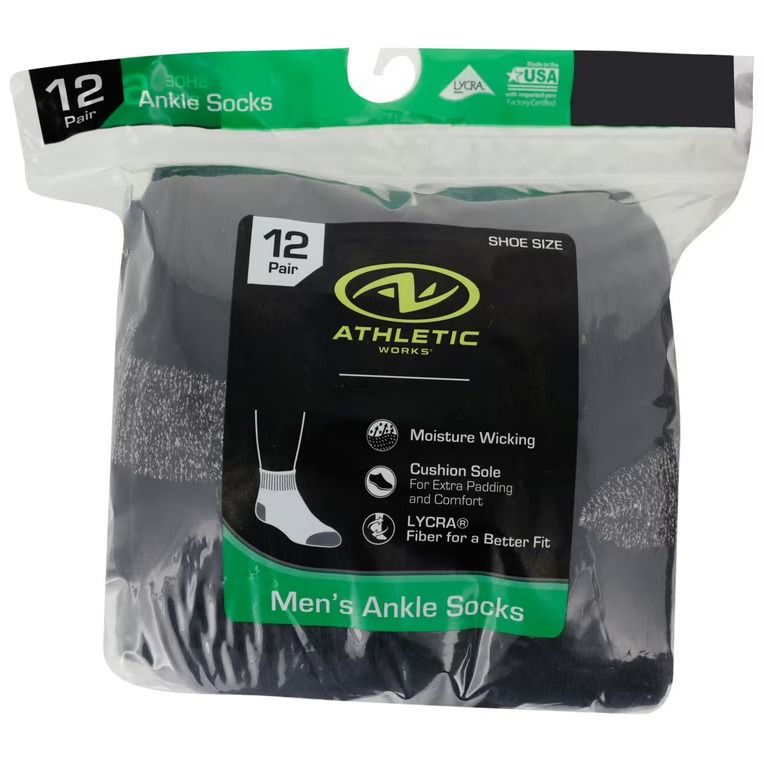 Athletic Works Black Men's Ankle Socks, Color: Black, Quantity: 12pack, Size: 6-12