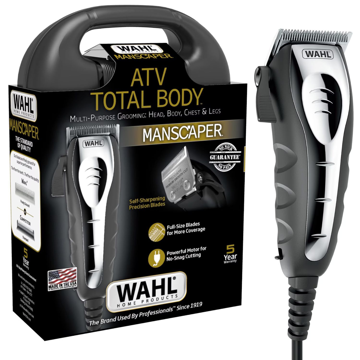 Wahl ATV Total Body Manscaper Hair Clipper for Men, Corded 18pc, Black Chrome 3024498