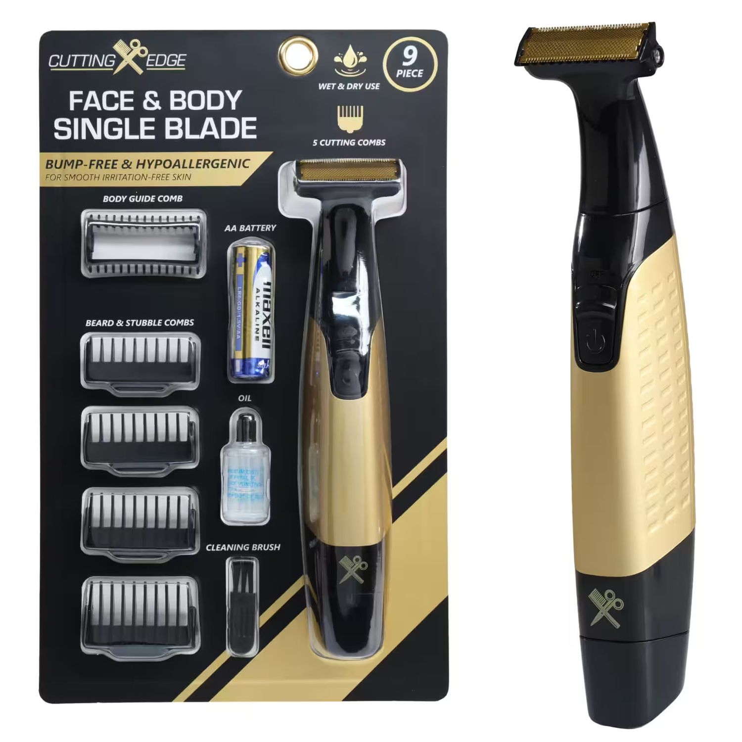 Cutting Edge Single Blade Face &amp; Body Shaver for Men w/ 5 Guide Combs, Wet/Dry Battery-Powered