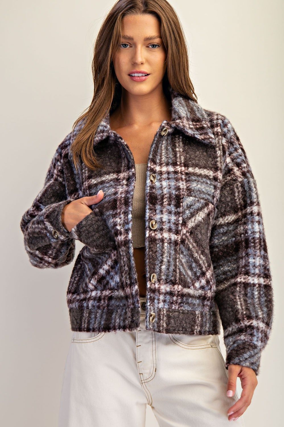 Plaid Textured Button Down Collared Jacket