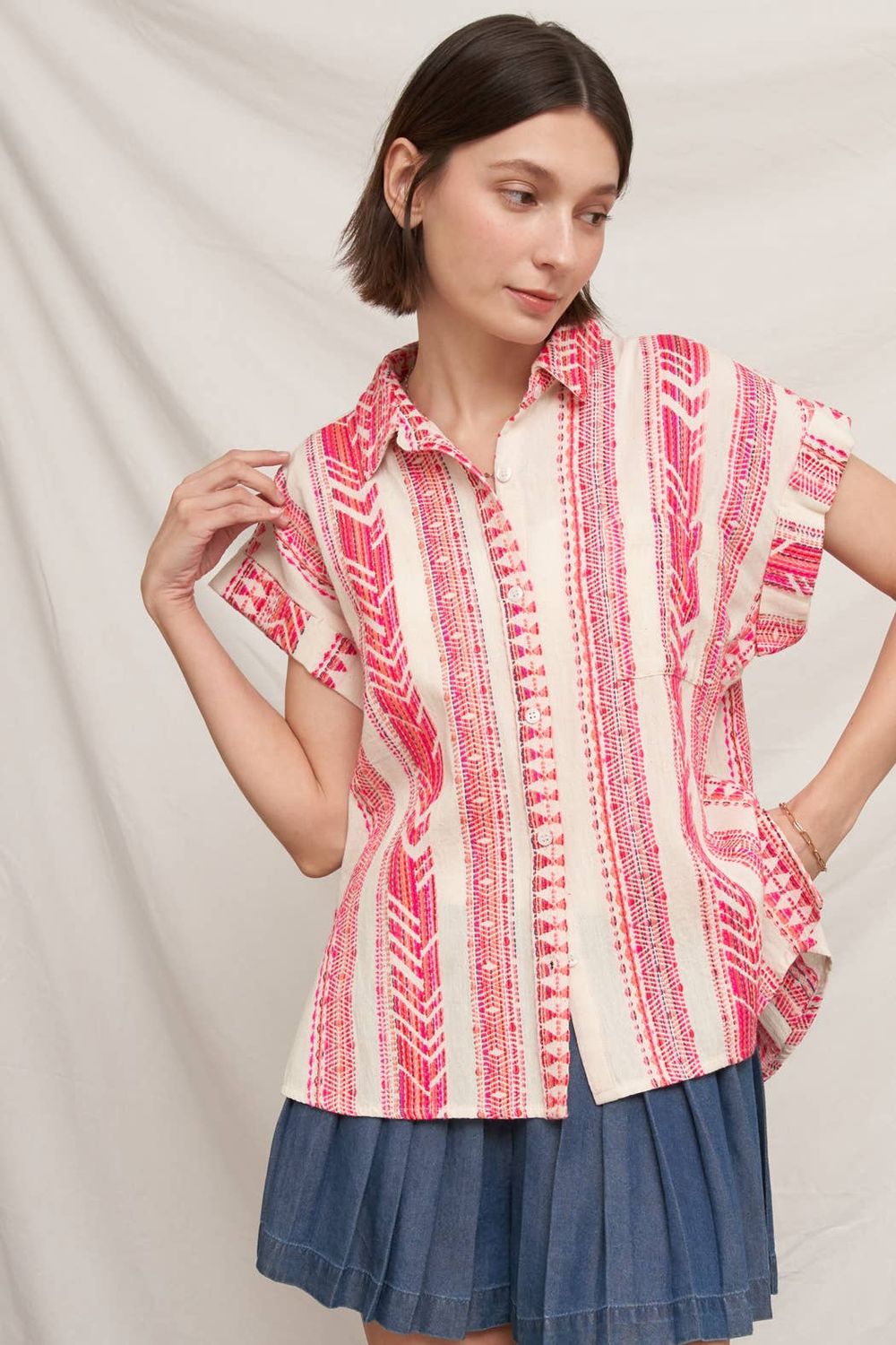 Embroidered Short Sleeve Button Down Shirt, Color: Ivory Pink, Size: S