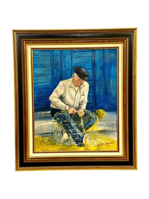 Huile sur toile dans un cadre en bois doré « Pêcheur aux filets » de Juliette Daziano