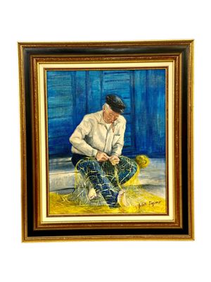 Huile sur toile dans un cadre en bois doré « Pêcheur aux filets » de Juliette Daziano