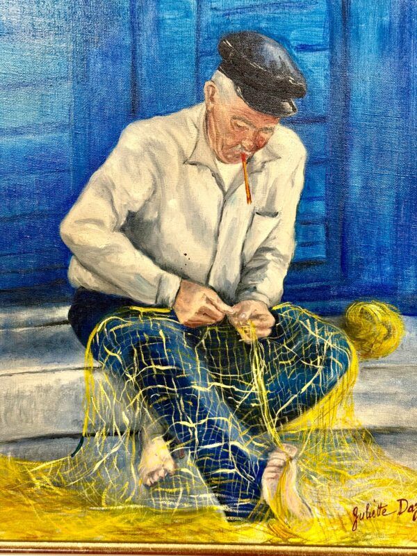 Huile sur toile dans un cadre en bois doré « Pêcheur aux filets » de Juliette Daziano