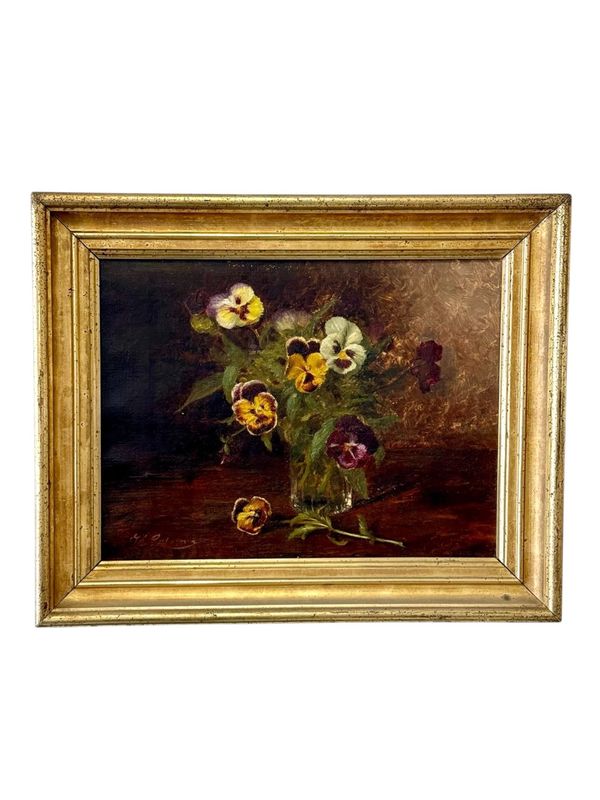 Peinture à l'huile du XIXe siècle représentant des pensées dans un vase en verre avec un cadre en bois doré