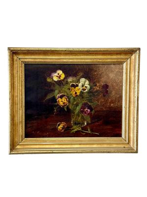 19th Century Oil Painting of Pansies in Glass Vase with Giltwood Frame