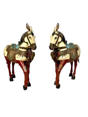 Pair of Large Hand-Painted Indian Horses with Peacock Saddles