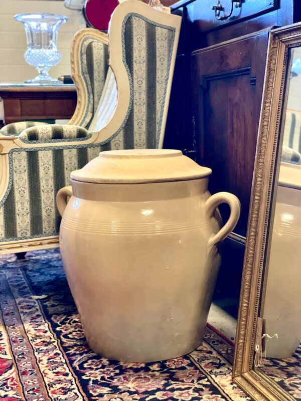 Grand pot à confit en terre cuite émaillée du XIXe siècle avec couvercle et anses