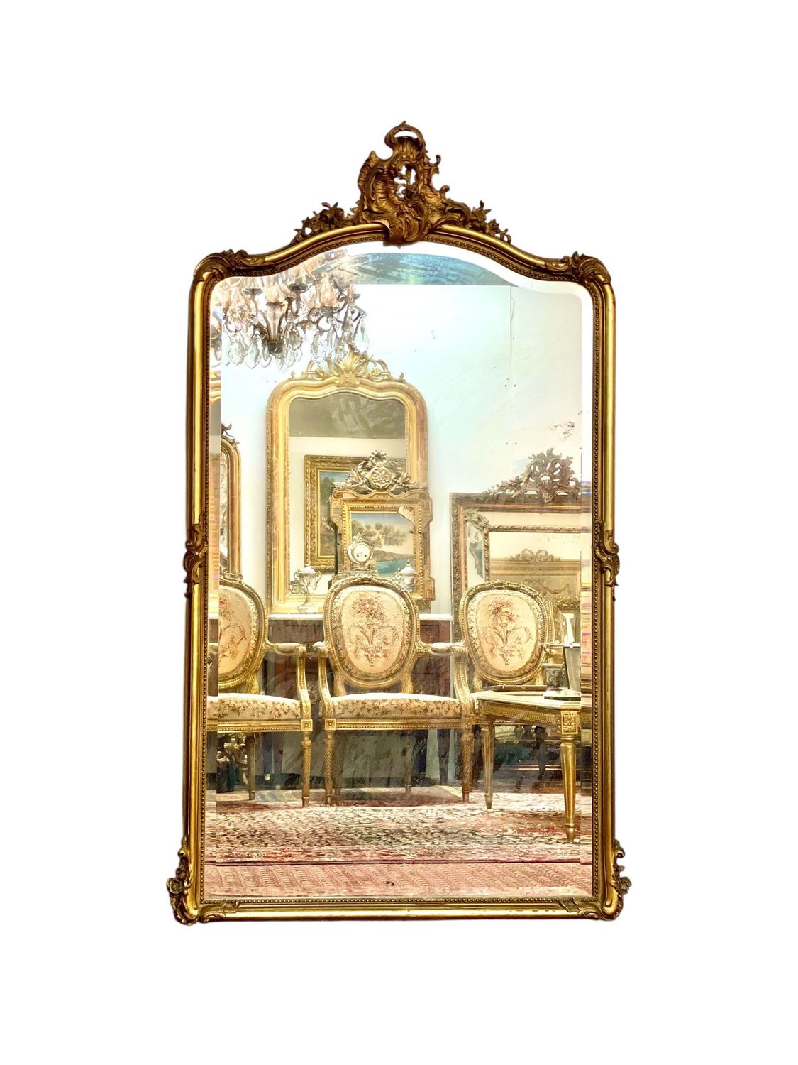 Grand miroir rococo biseauté en bois doré du XIXe siècle