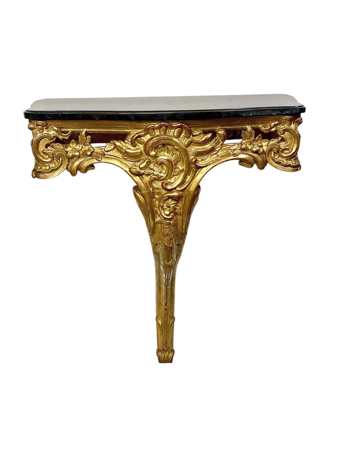 Console Louis XV en bois doré du XVIIIe siècle avec plateau en marbre d'origine