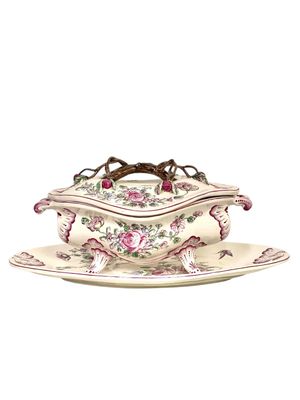 19th Century Faience Soup Tureen with Lid & Platter, Hand-Painted