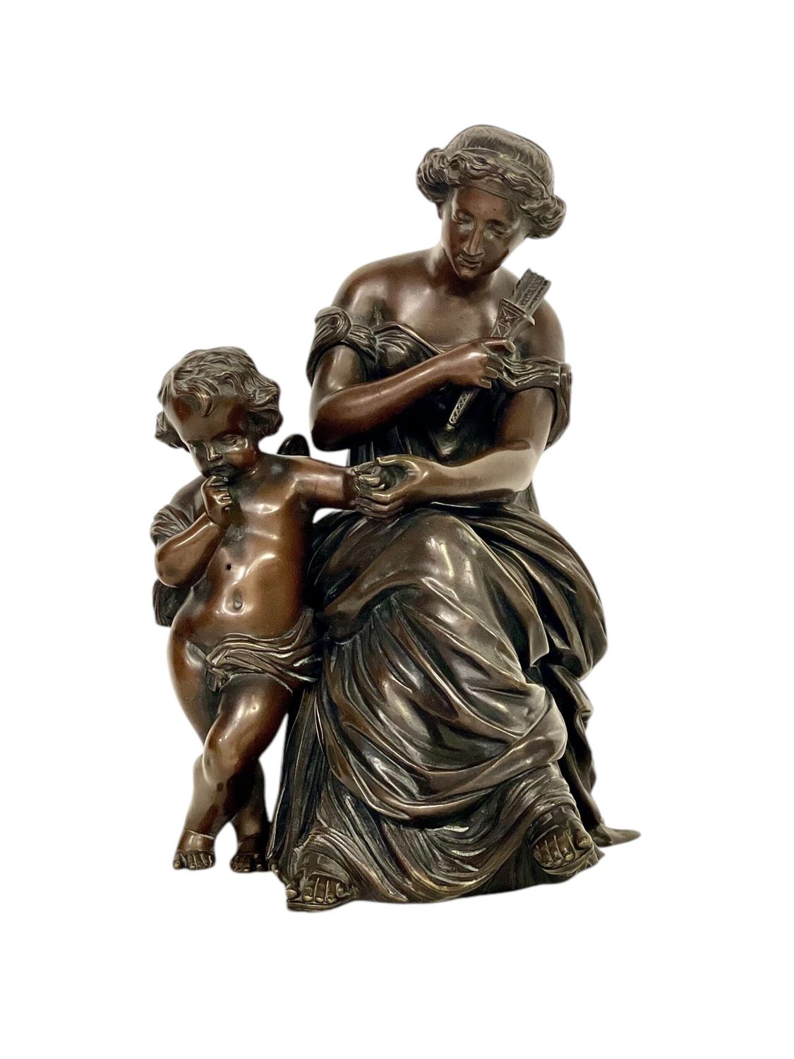 Sculpture en bronze du XIXe siècle, signée Aizelin, Déesse avec Cupidon