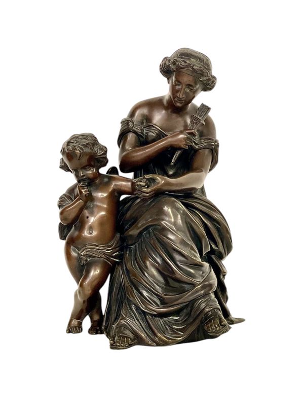 Sculpture en bronze du XIXe siècle, signée Aizelin, Déesse avec Cupidon
