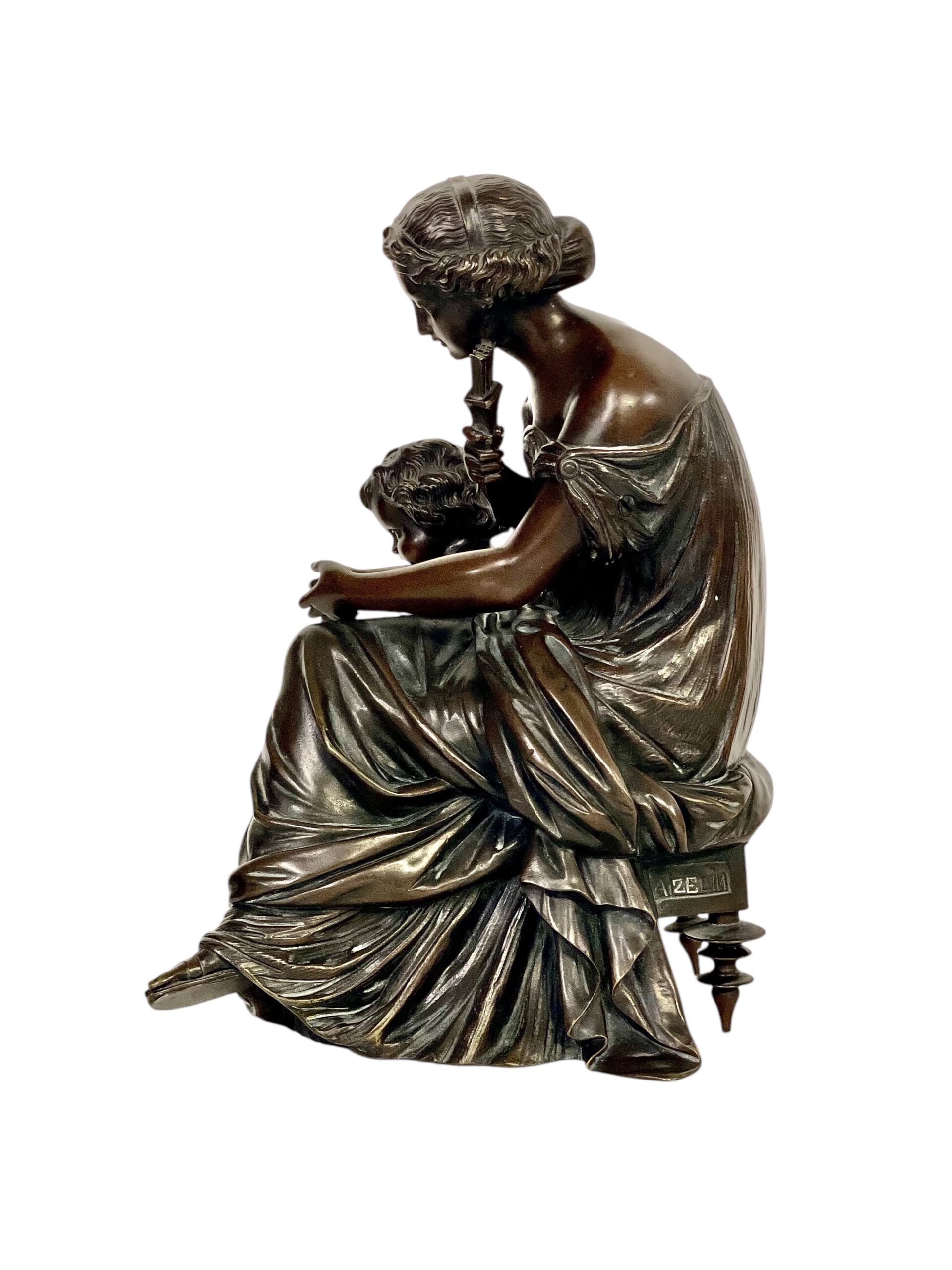 Sculpture en bronze du XIXe siècle, signée Aizelin, Déesse avec Cupidon