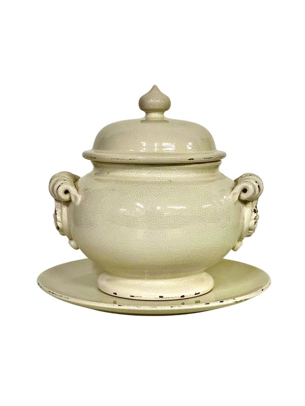 Soupière en céramique craquelée avec couvercle et assiette, XIXe siècle