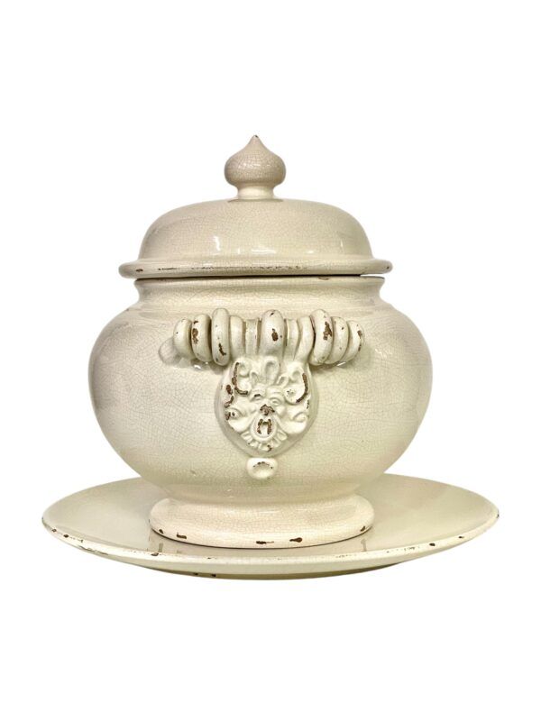 Soupière en céramique craquelée avec couvercle et assiette, XIXe siècle