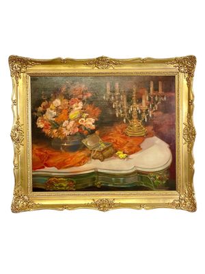 Large Still Life Painting with Flowers, Jewelry and Candelabra