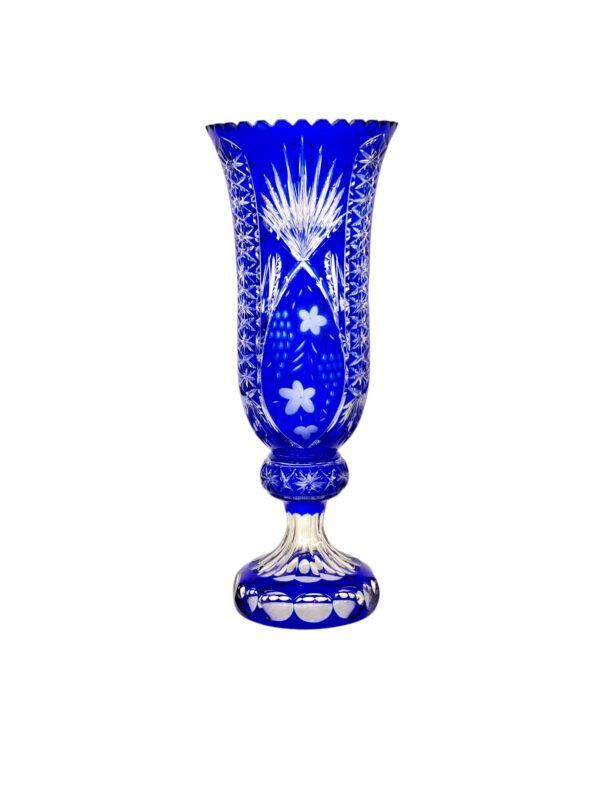 Grand vase en cristal bleu superposé avec décoration florale et étoilée