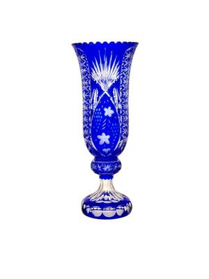 Tall Blue Overlay Crystal Vase with Floral and Starburst Cut Decoration