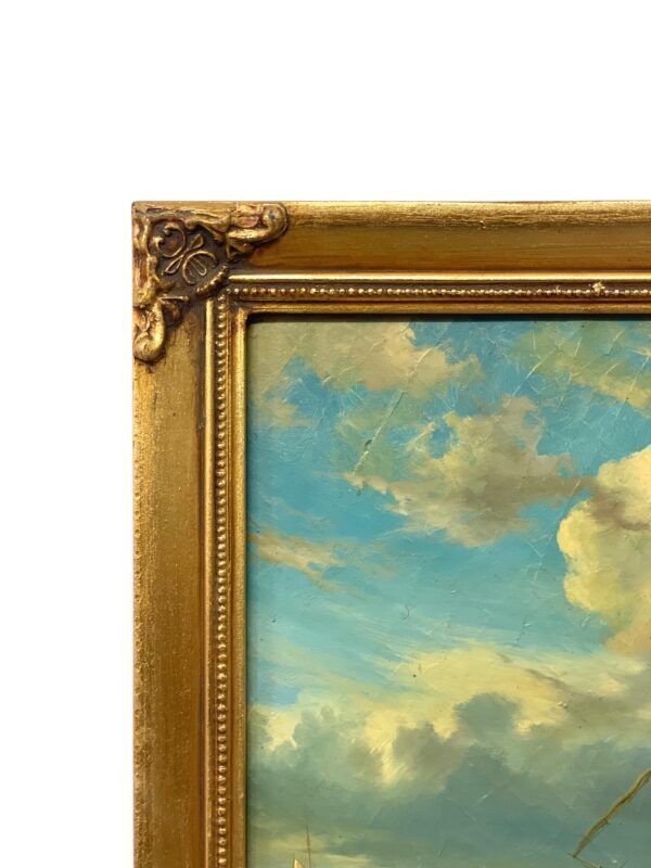 Miroir trumeau doré du XIXe siècle avec peinture maritime