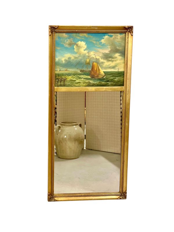 Miroir trumeau doré du XIXe siècle avec peinture maritime