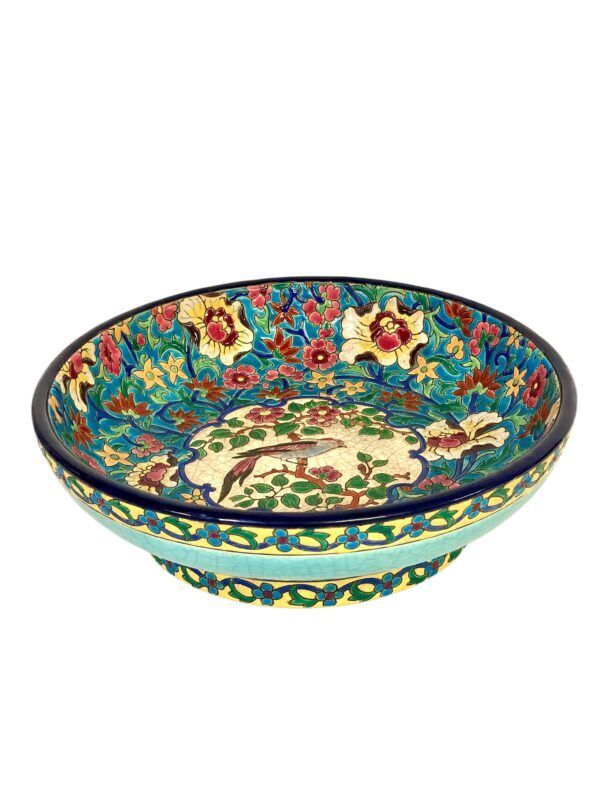 Grand bol en émail de Longwy du XIXe siècle à motifs floraux et ornithologiques