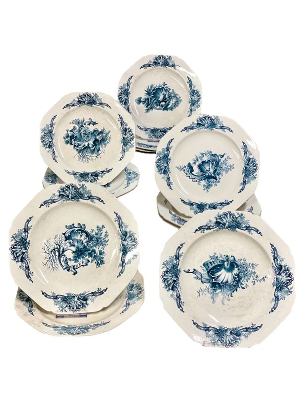 Set of 12 Blue and White Ironstone Dinner Plates by Hautin Boulenger & Cie