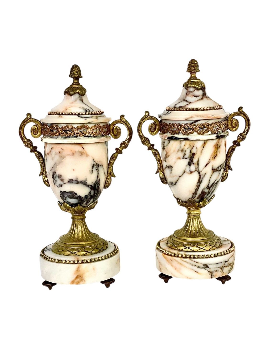 Pair of 19th Century Gilt Bronze and Marble Cassolettes or Urns