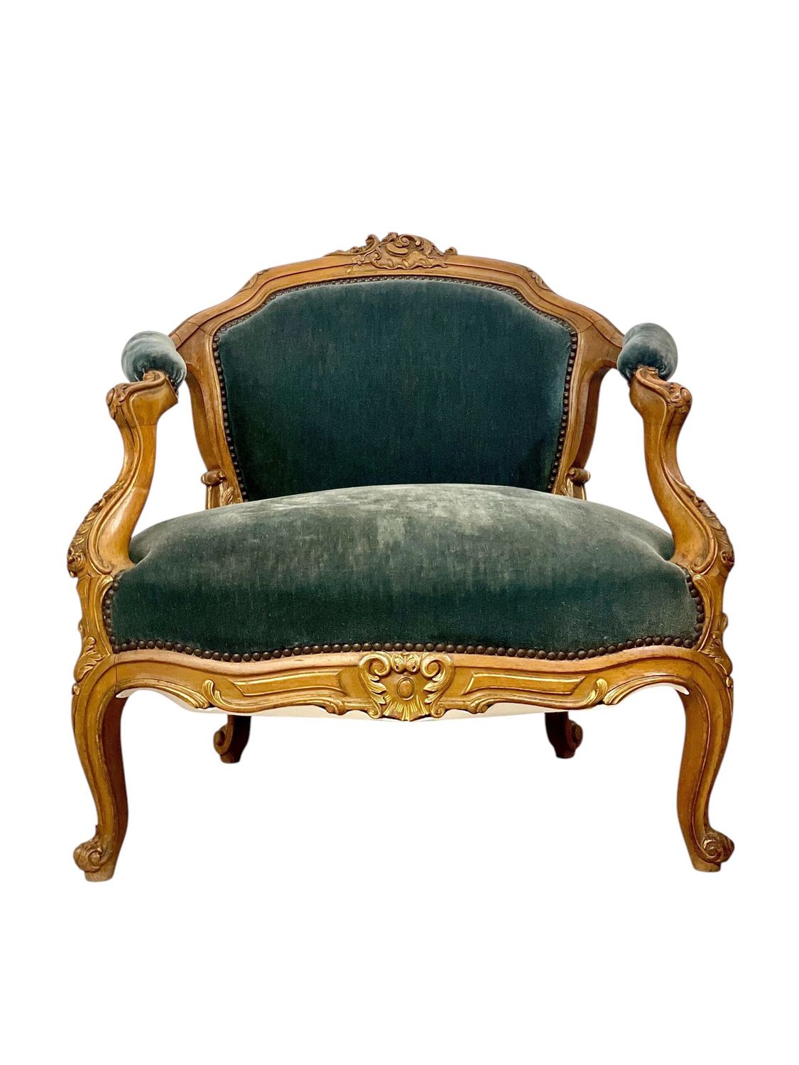 19th Century Lounge Armchair in Carved Giltwood and Velvet