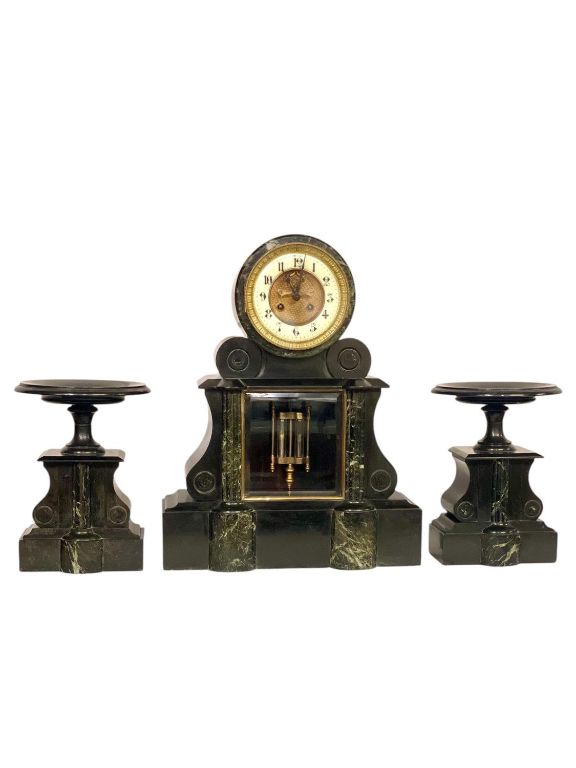 Large French 19th Century Black and Green Marble Clock Garniture