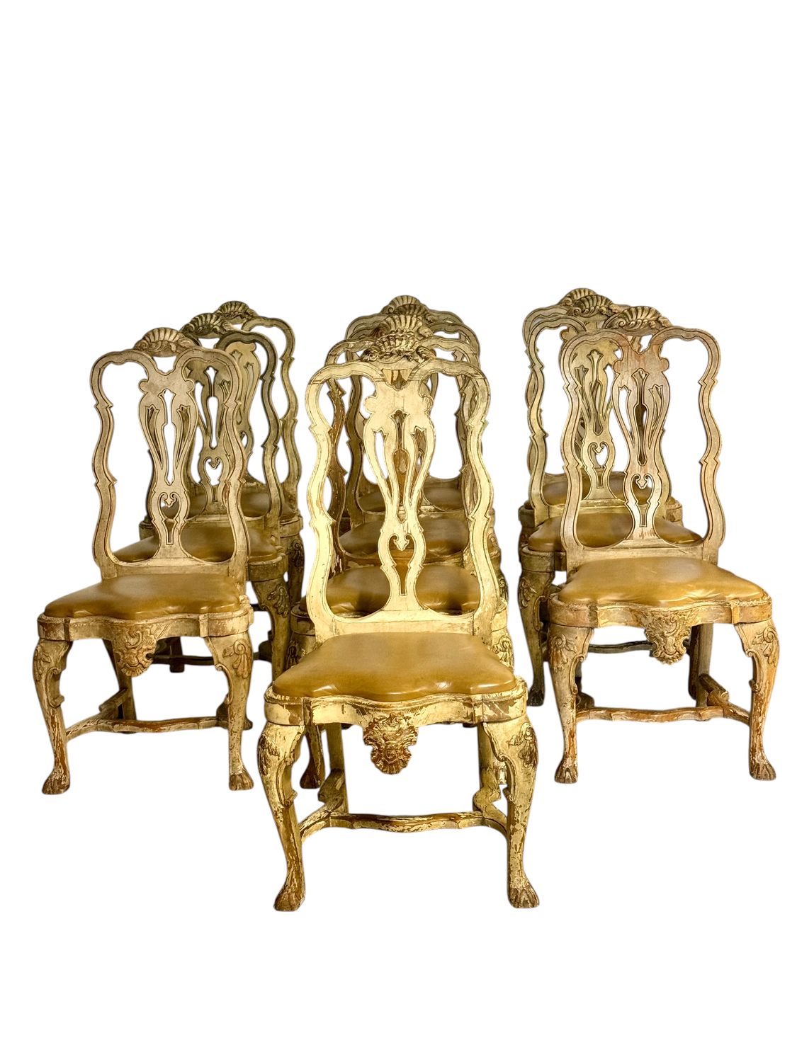 Rare Set of 10 Italian Rococo Dining Chairs with Distressed Patina, c.1800