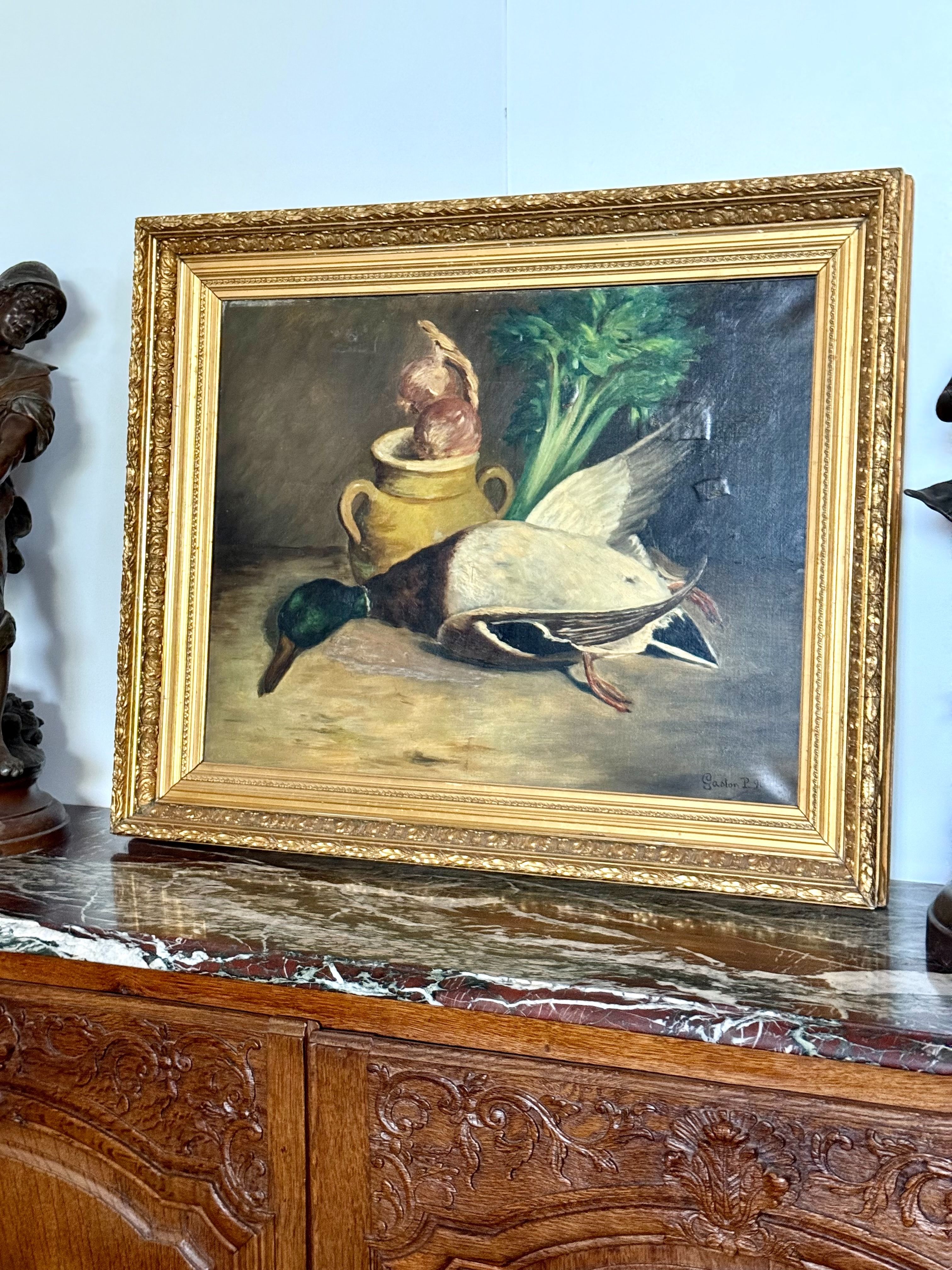 Nature Morte Française du XIXe siècle avec Colvert, Légumes et Faïence