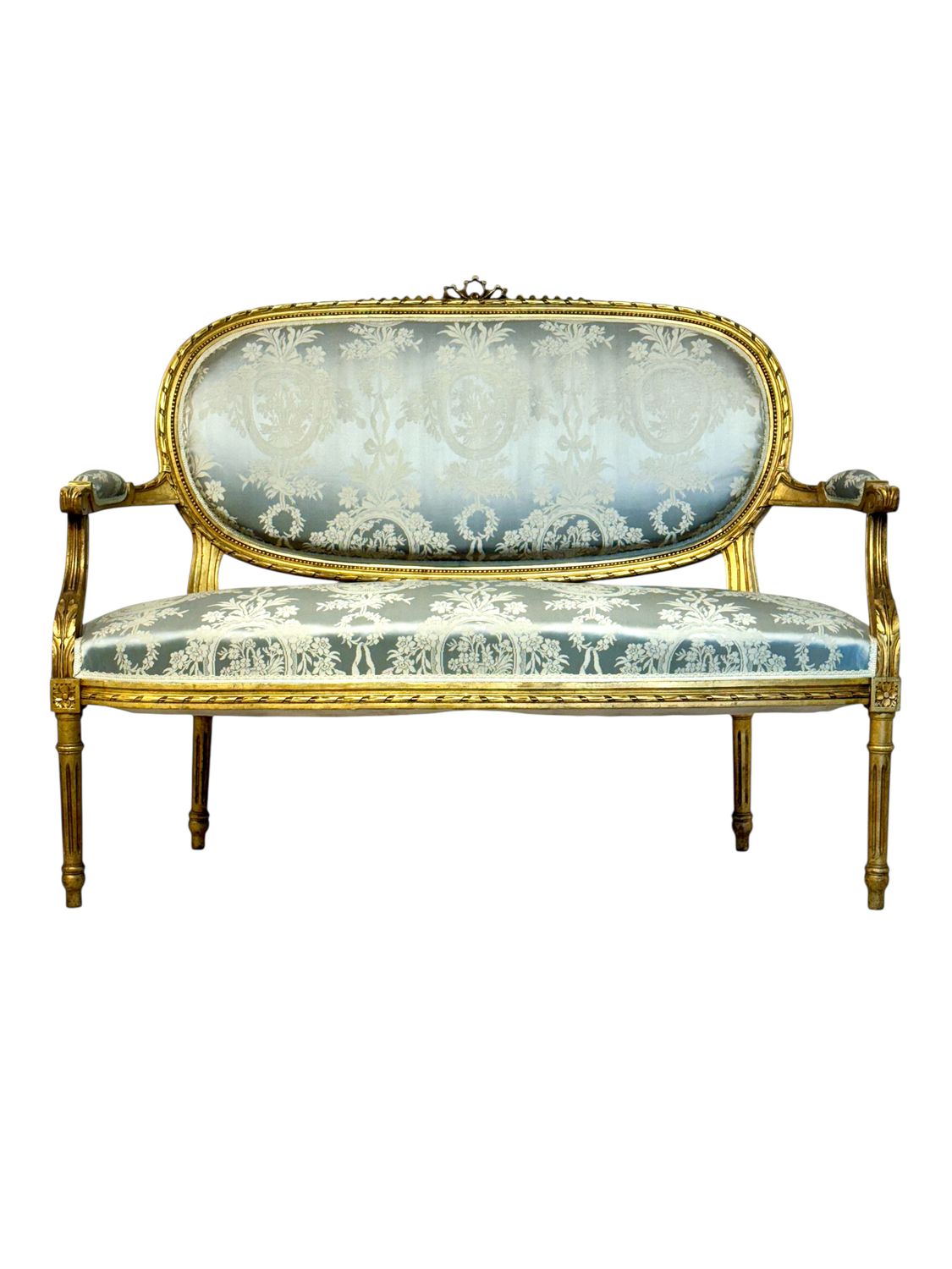 Canapé français XIXe siècle en bois doré et tissu damas