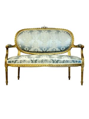 Canapé français XIXe siècle en bois doré et tissu damas