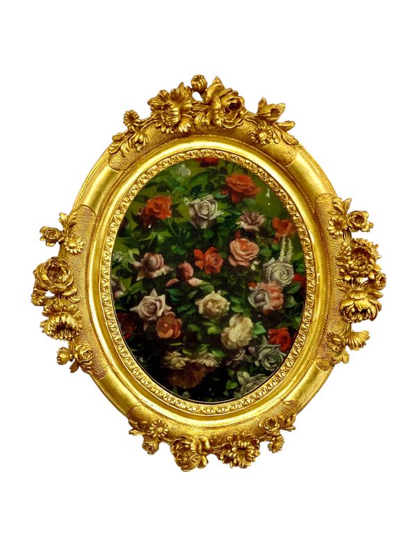 Antique Louis XVI Giltwood Oval Mirror with Floral Carving