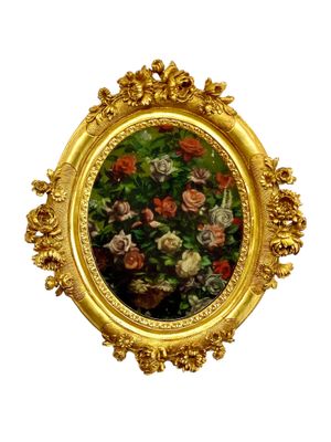 Miroir ovale ancien en bois doré de style Louis XVI avec décor de fleurs sculptées