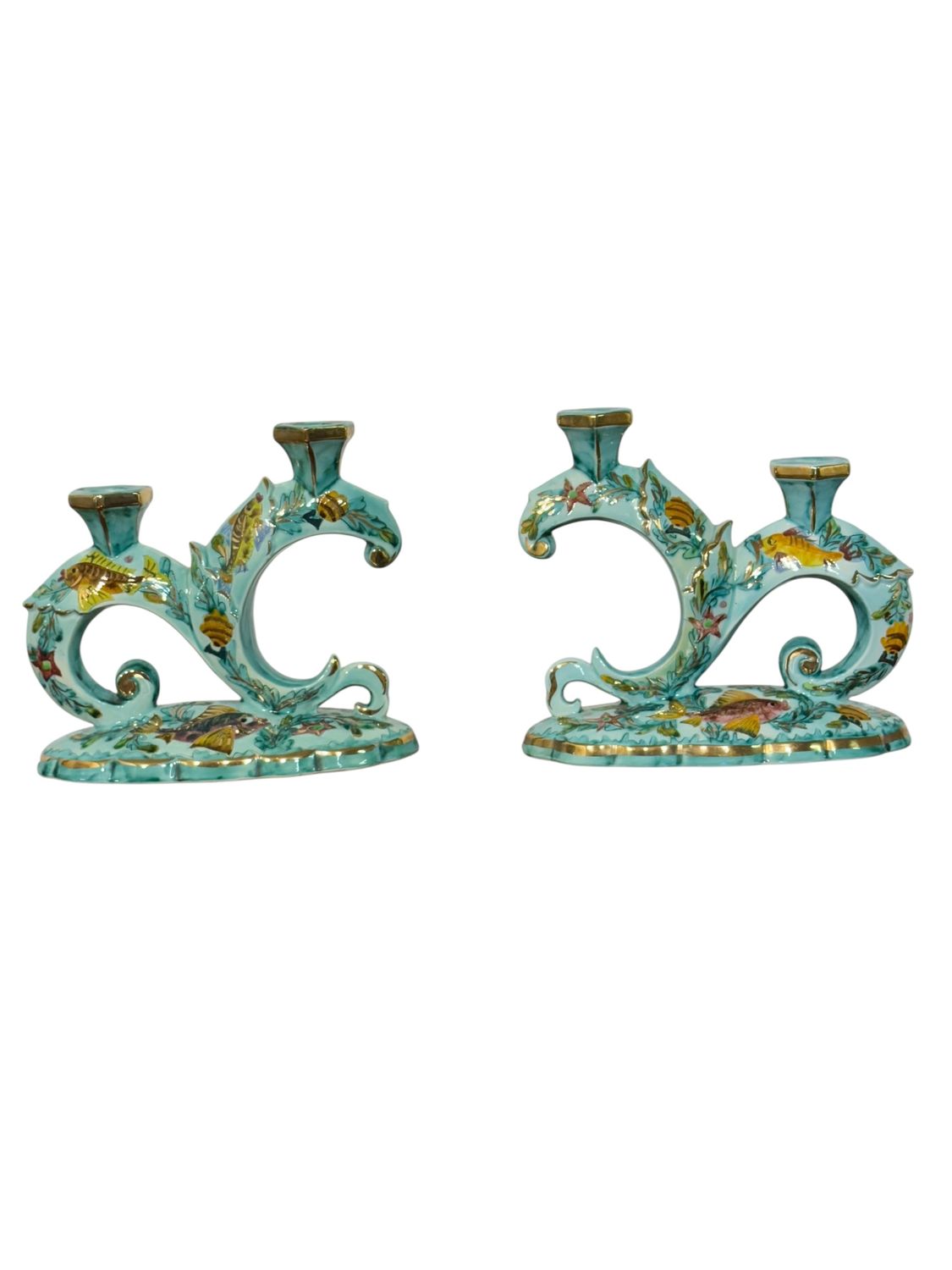 Rare Signed Monaco Majolica Double Candlesticks with Marine Décor