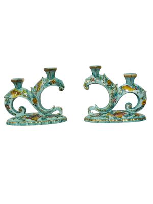 Rare Signed Monaco Majolica Double Candlesticks with Marine Décor