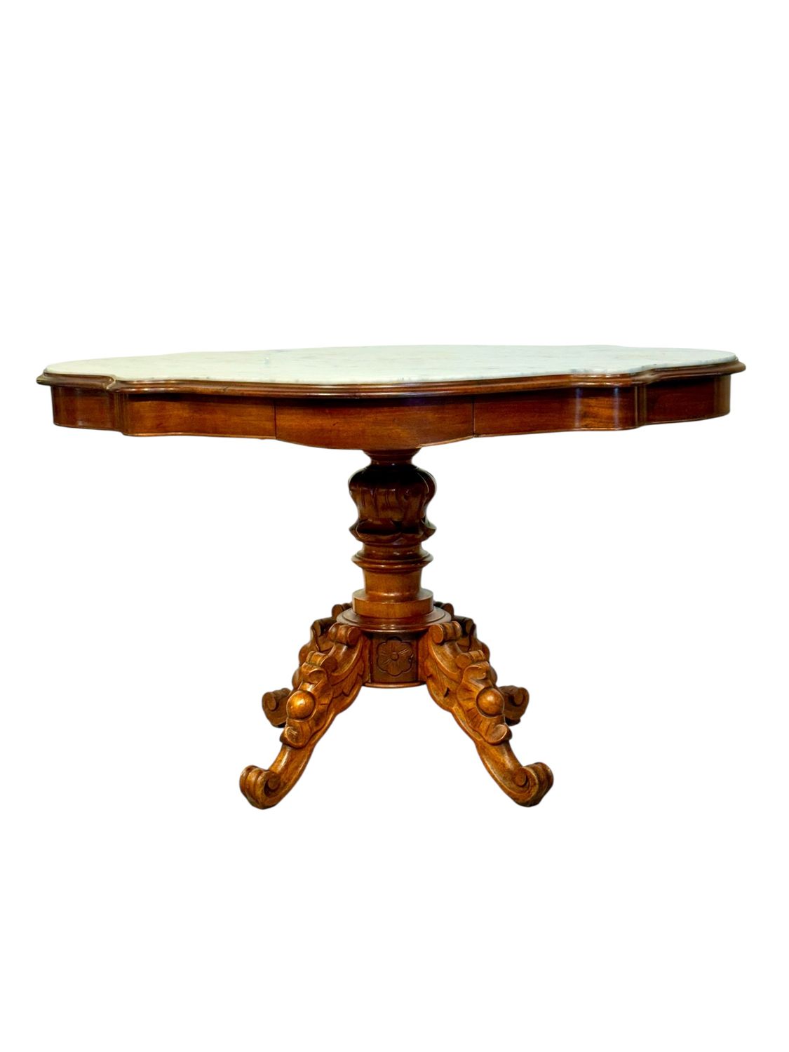 Table de Milieu en noyer français du XIXe siècle avec plateau en marbre façonné et tiroirs