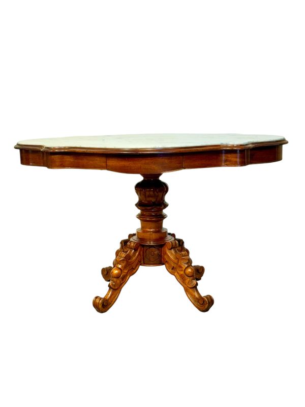 19th Century French Walnut Center Table with Shaped Marble Top and Drawers