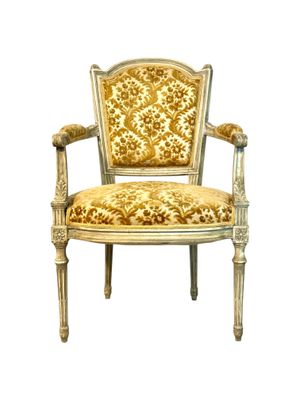 19th Century French Louis XVI Armchair, Patinated Lacquer and Damask