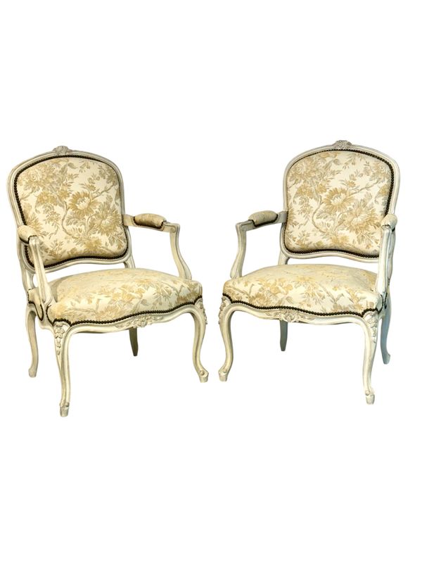 Pair of 19th Century Louis XV Style Lacquered Fauteuils à la Reine